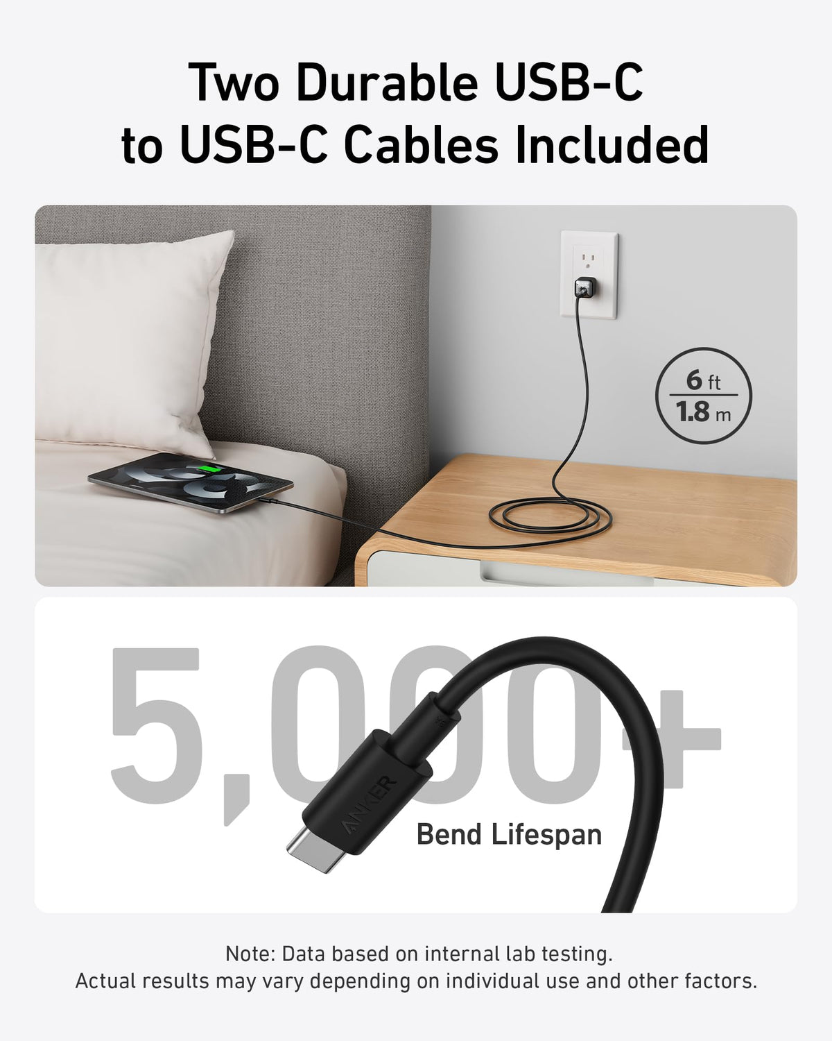 Anker USB-C cable charging phone for durability with bend lifespan feature