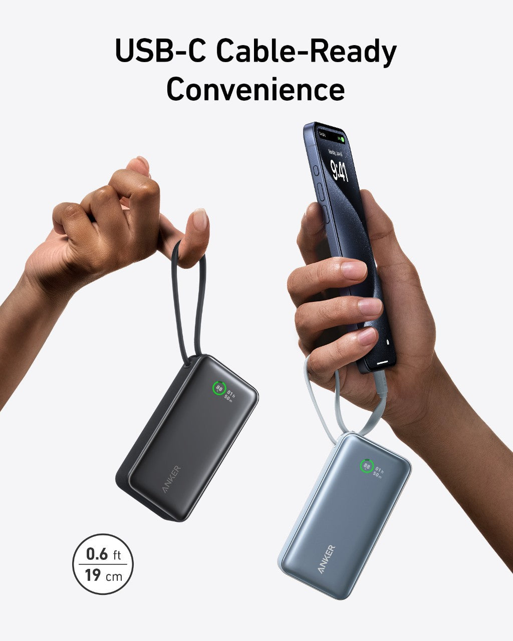 Anker USB-C power banks with hands holding cables