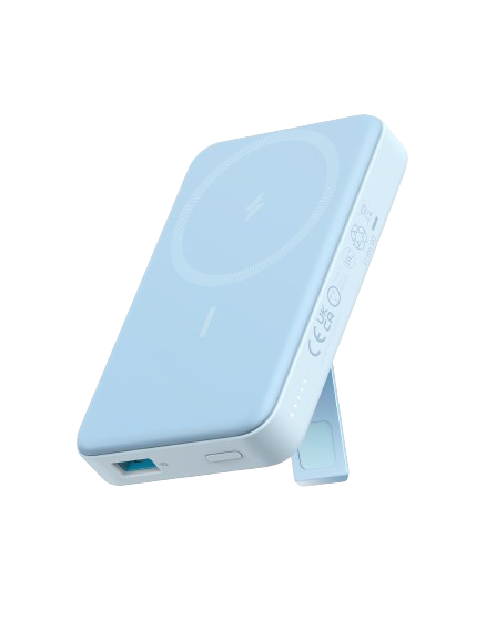 Anker with blue wireless charger featuring foldable stand