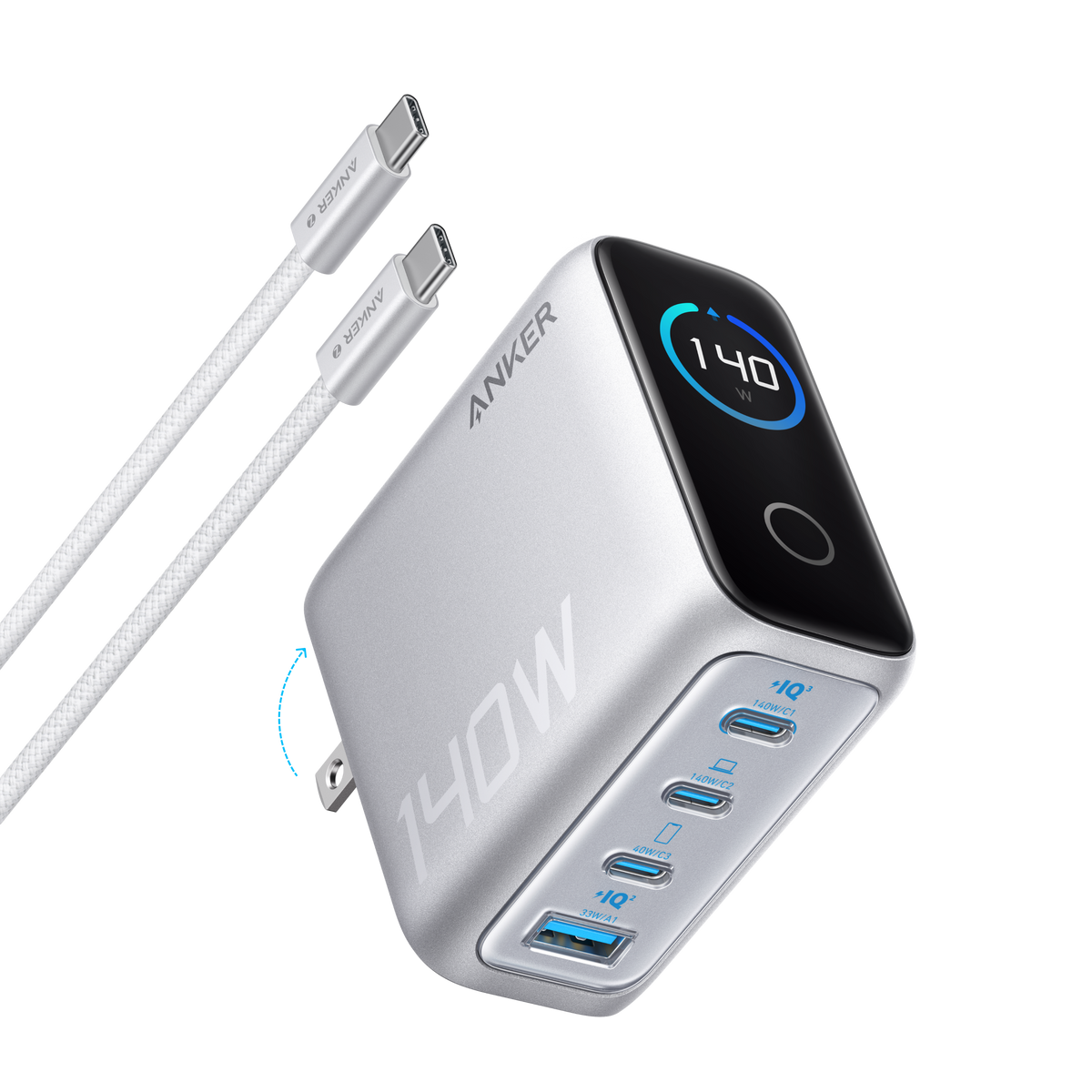 Anker 140W charger with dual USB-C cables for fast charging