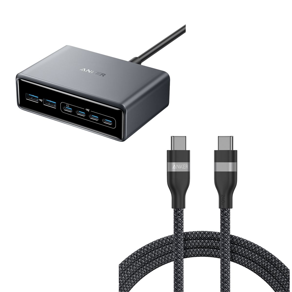 Anker Prime Charger (200W, 6 Ports, GaN) and Anker USB-C to USB-C Cable (6 ft, 240W, Upcycled-Braided)