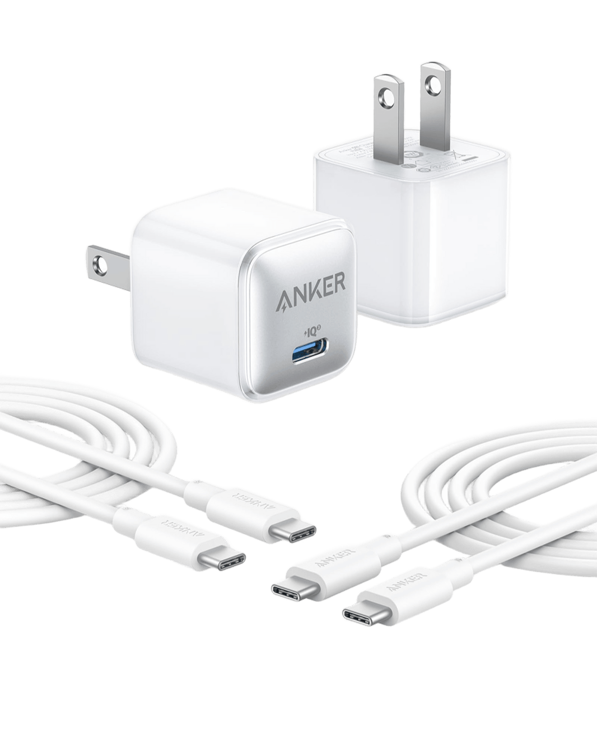 Anker with white USB-C cables and compact charging adapter