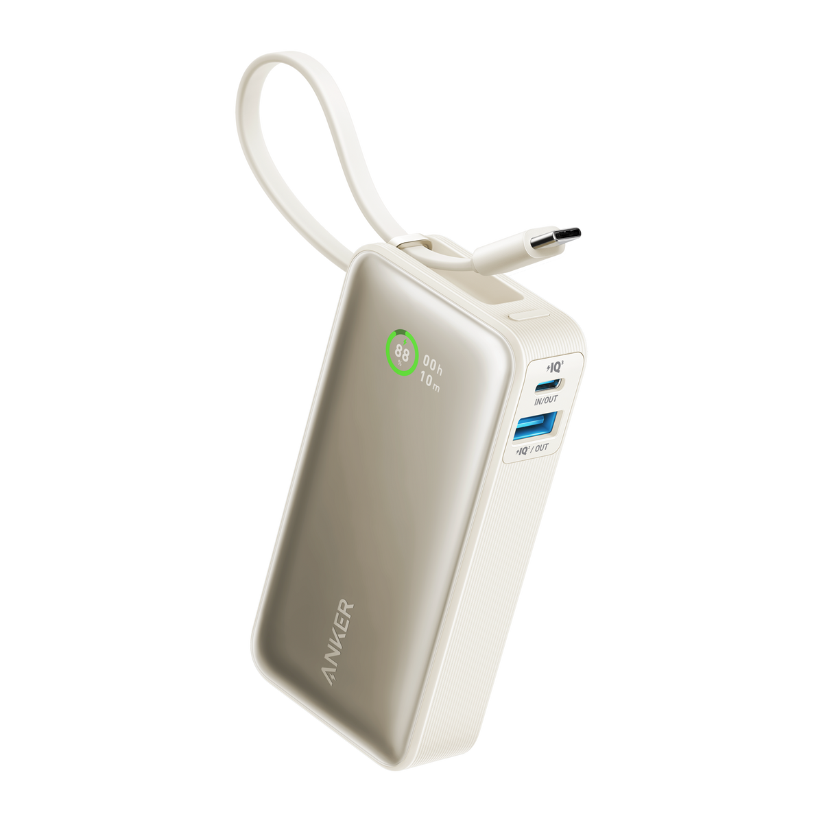 Anker portable charger with built-in cable and digital percentage display