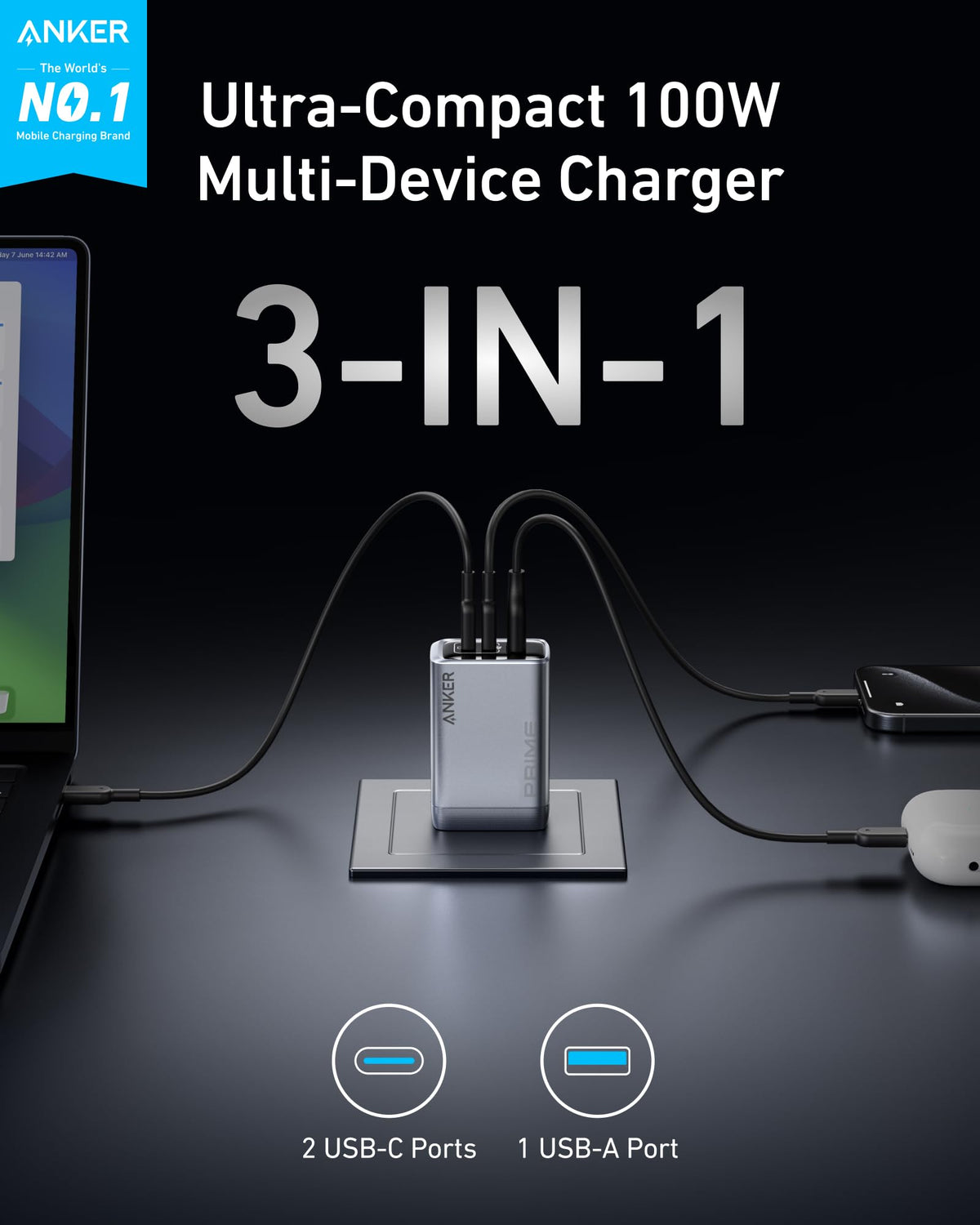 Anker Prime Charger (100W, 3 Ports, GaN) and  USB-C to USB-C Cable (240W, 6 ft)