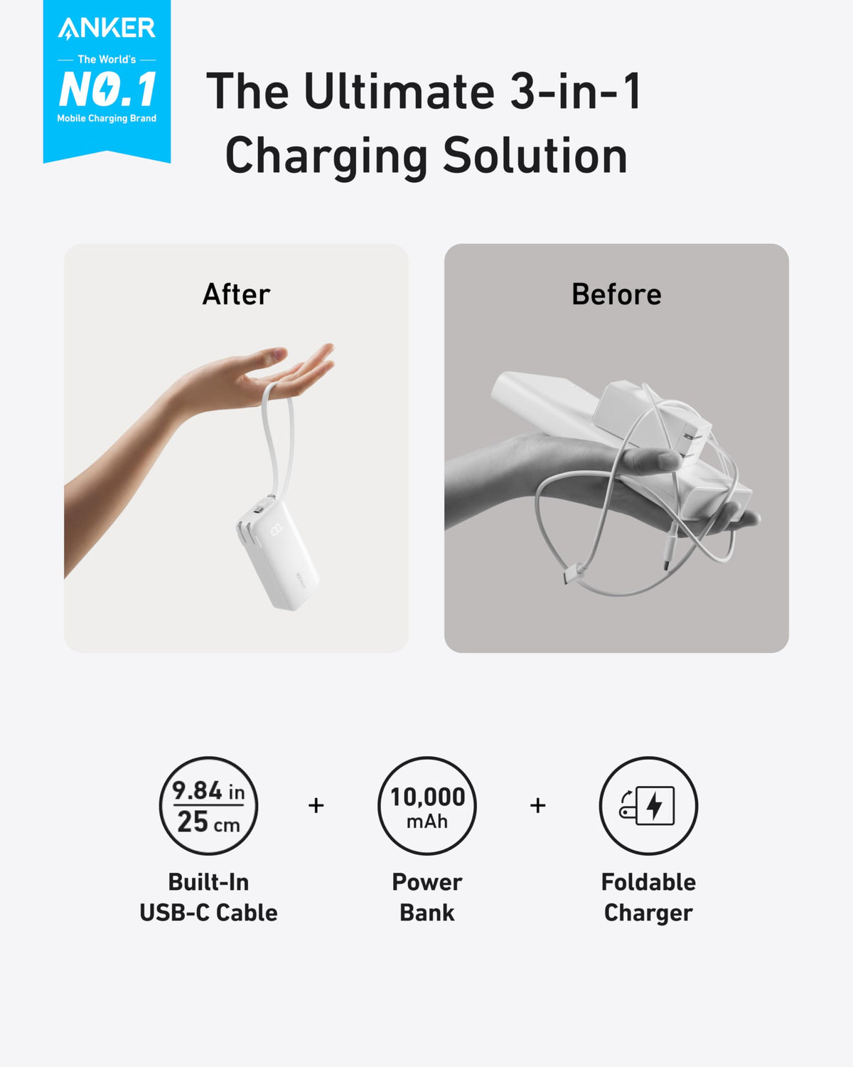 Anker charging comparison with USB-C cable, power bank, and foldable charger for convenience.
