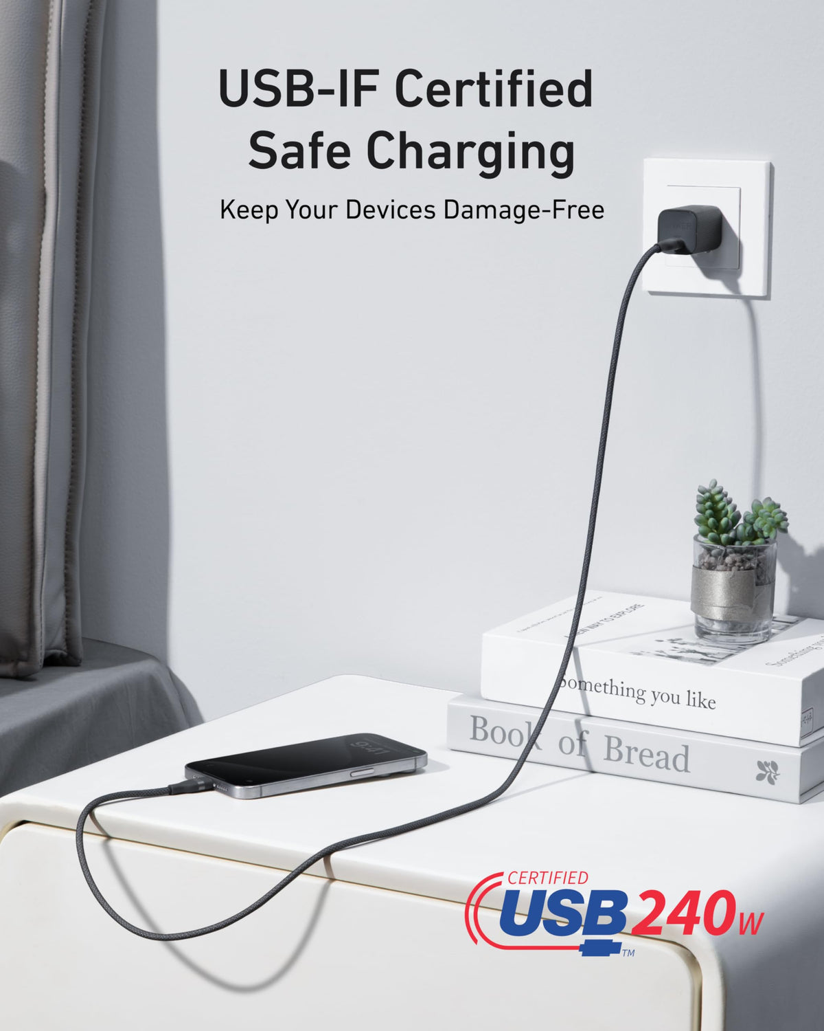 Anker Prime Charger (200W, 6 Ports, GaN)  and Anker USB-C to USB-C Cable (6 ft, 240W, Upcycled-Braided)