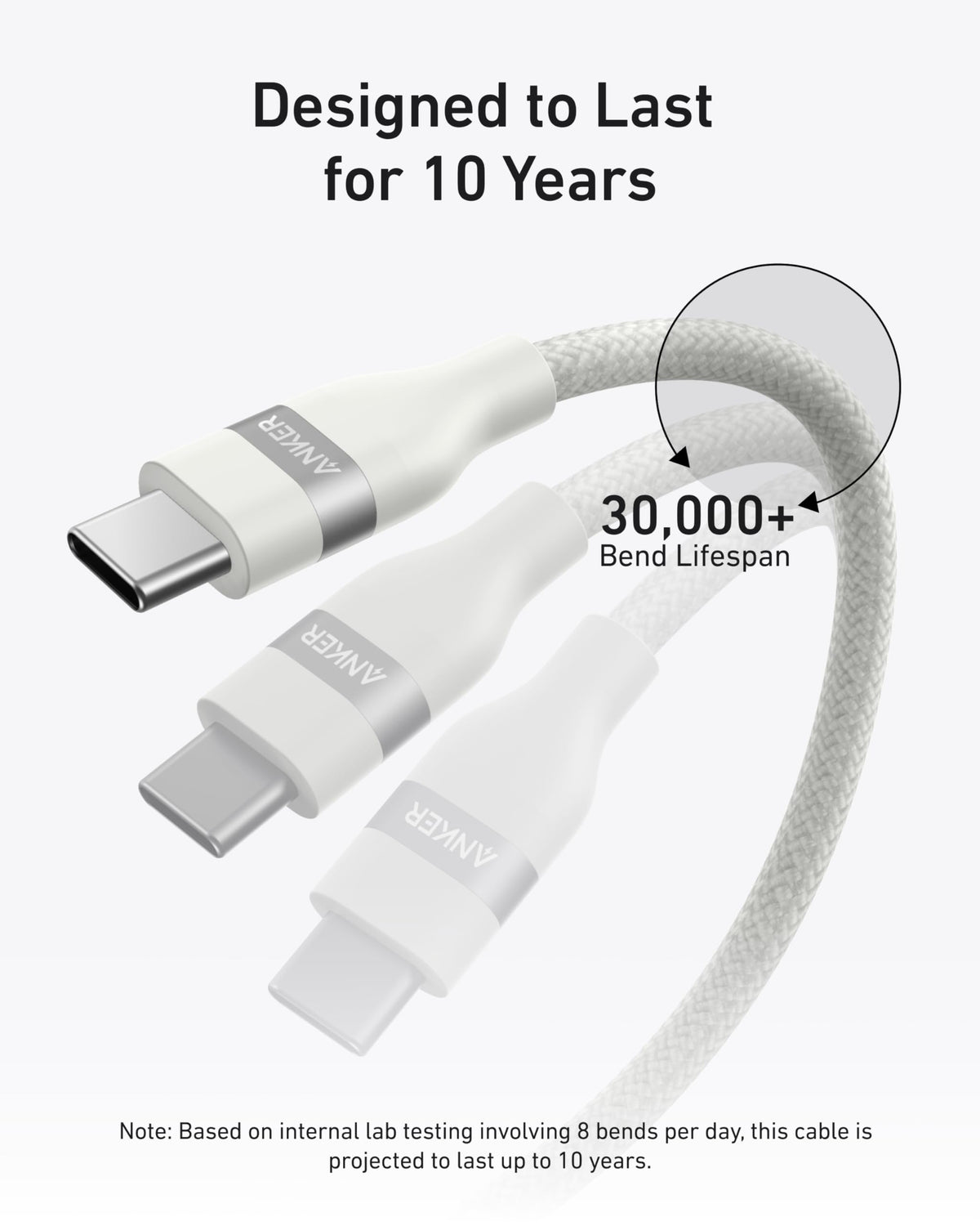 Anker charging cable with 30000 plus bend lifespan for durability