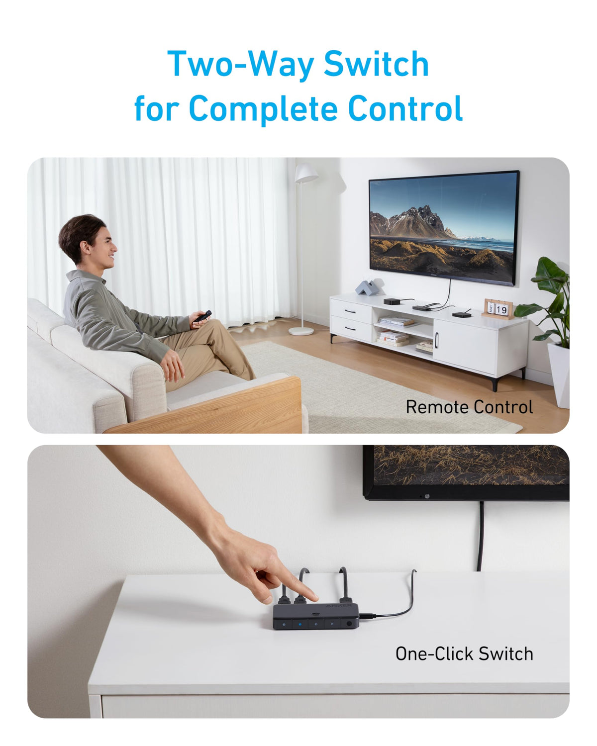 Anker HDMI switch with remote control for TV, one-click switch for easy use