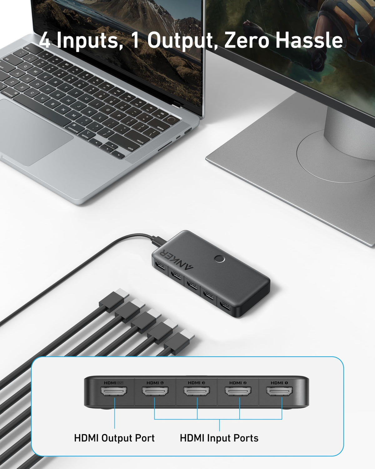 Anker HDMI switch with 4-input, 1-output for laptop and monitor