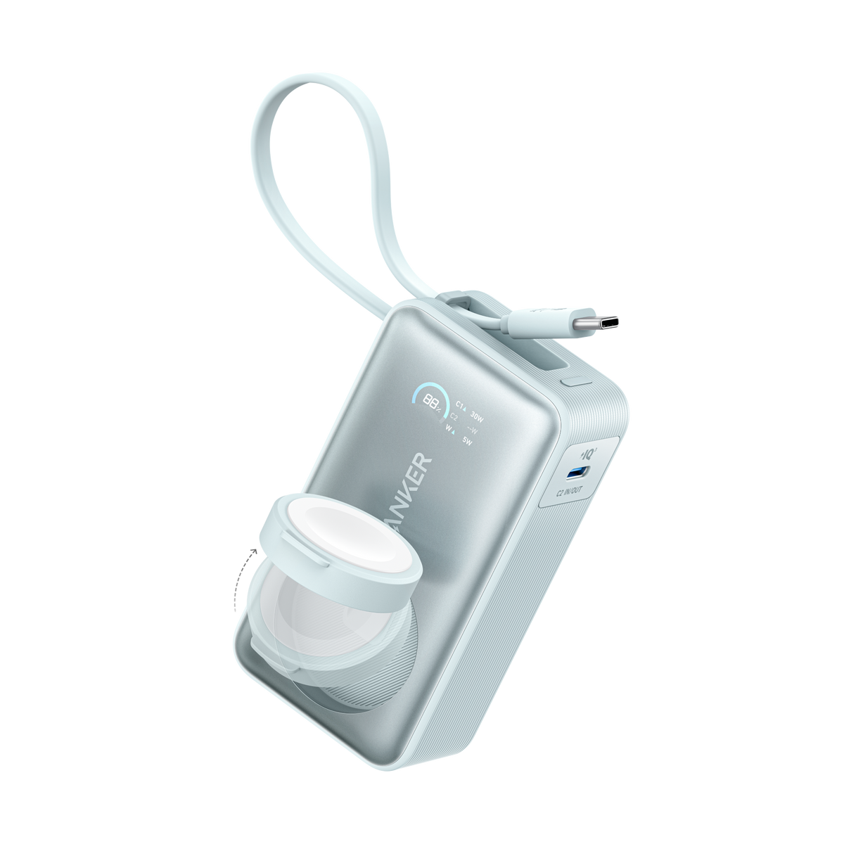 Anker with blue charging cable and smart watch stand