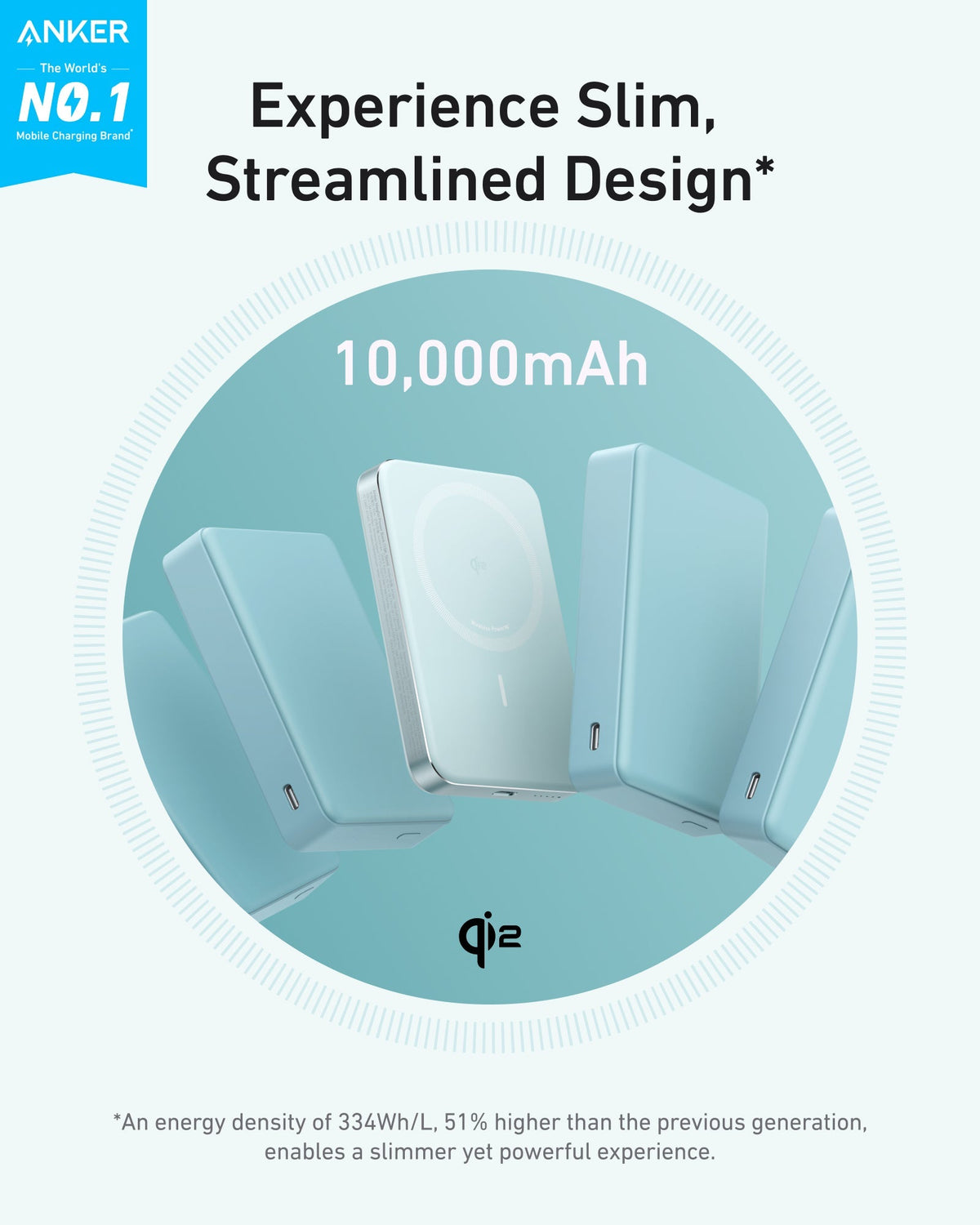 Anker power bank with streamlined Qi2 design for 10,000mAh.