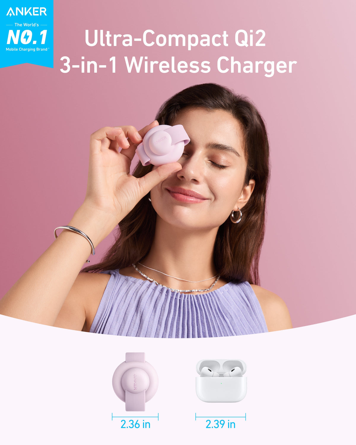 Anker compact Qi2 wireless charger with lavender style