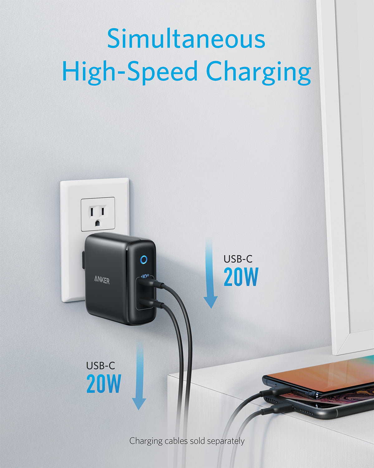 Anker charger with dual USB-C 20W ports for simultaneous charging