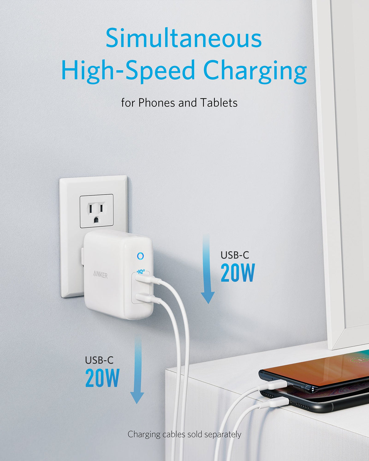 Anker charger for simultaneous high-speed charging with USB-C 20W.