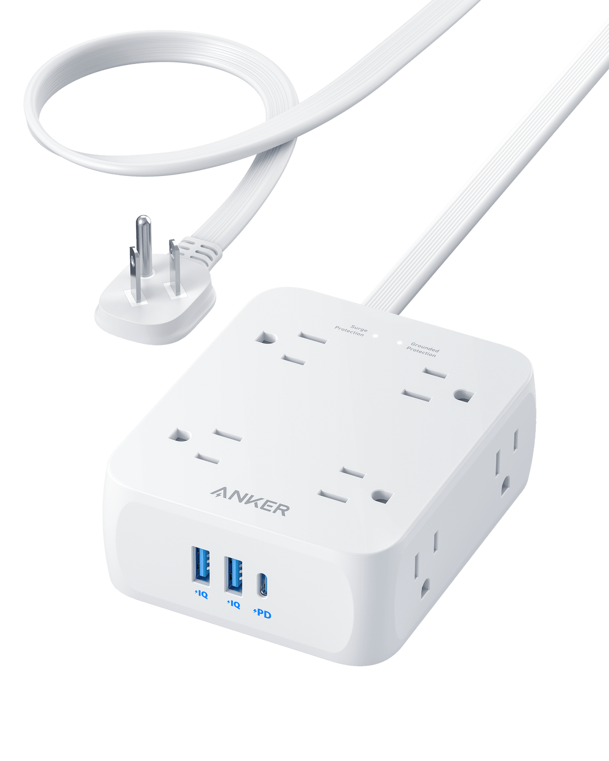 Anker surge protector with USB ports for multiple device charging.