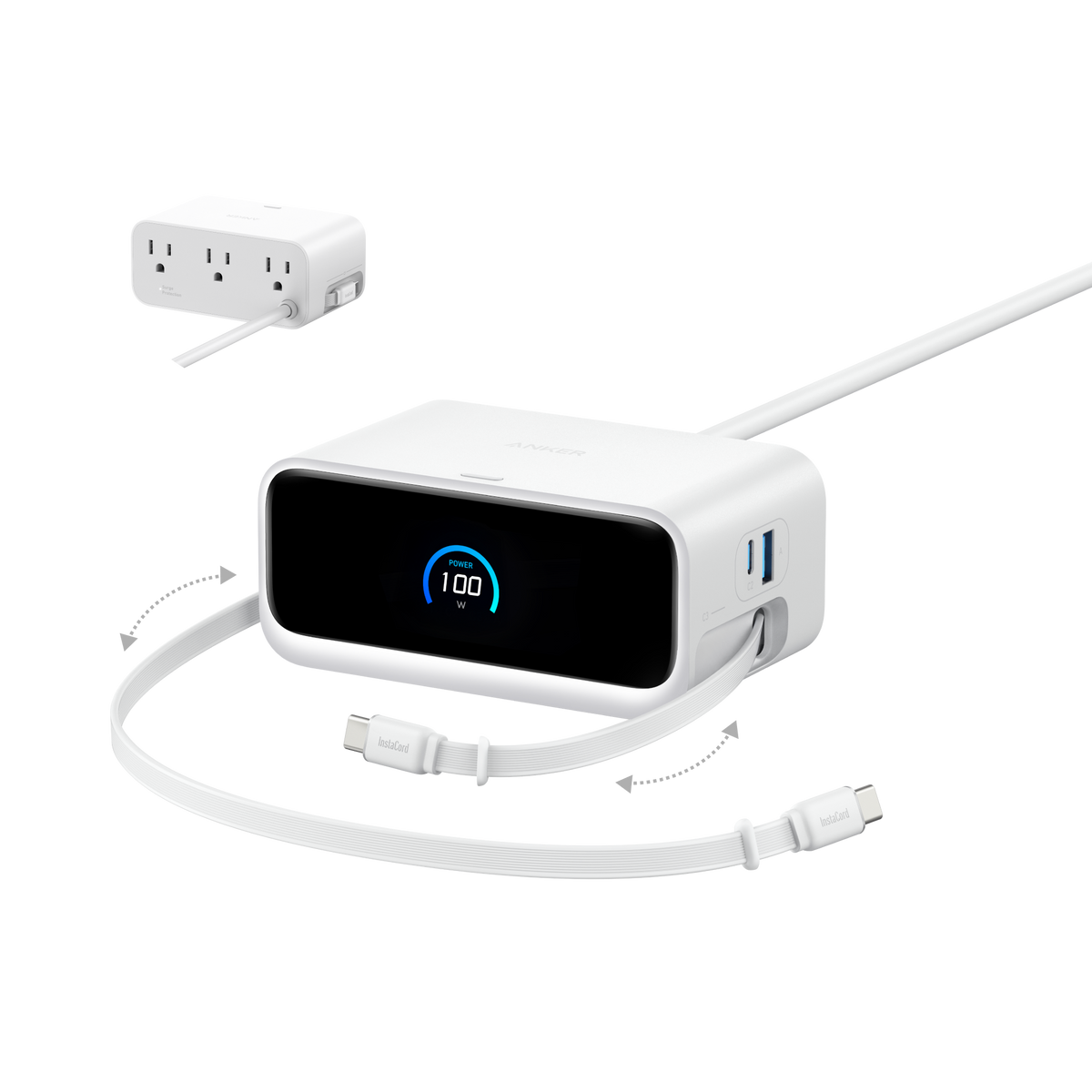 Anker charging station with smart display showing 100W power.