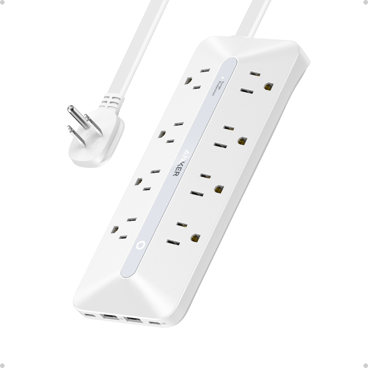 Anker power strip with white outlets and flat cable