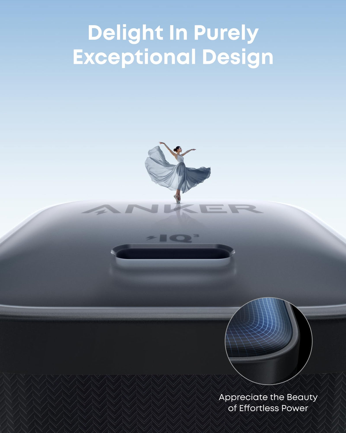 Anker with elegant charging port and ballet dancer for exceptional design.
