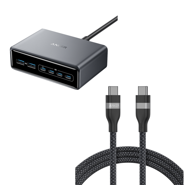 Anker Prime Charger (200W, 6 Ports, GaN)  and Anker USB-C to USB-C Cable (6 ft, 240W, Upcycled-Braided)