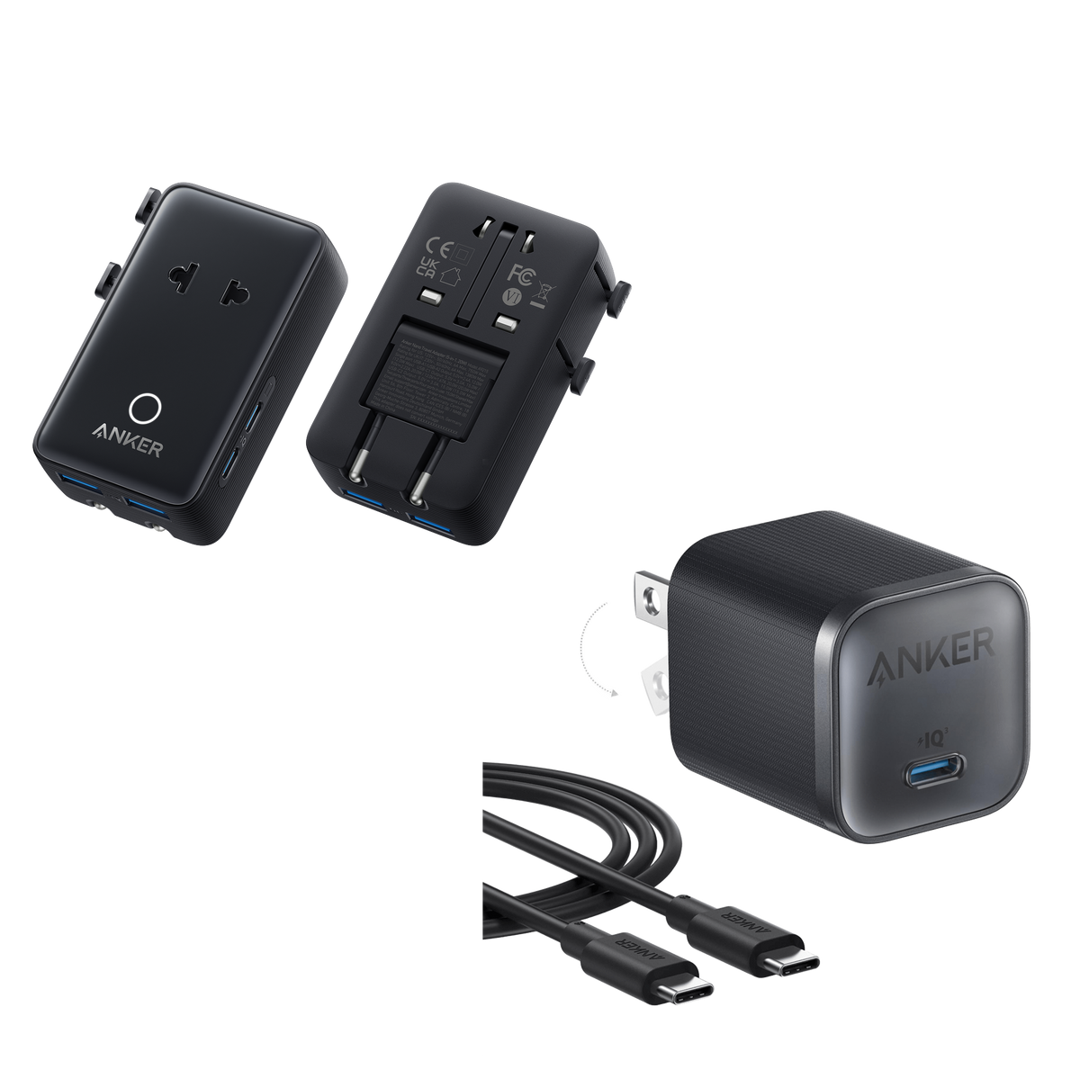 Anker Nano Travel Adapter (5-in-1, 20W, 1-Pack) and Anker Nano Charger (45W) with USB-C to USB-C Cable