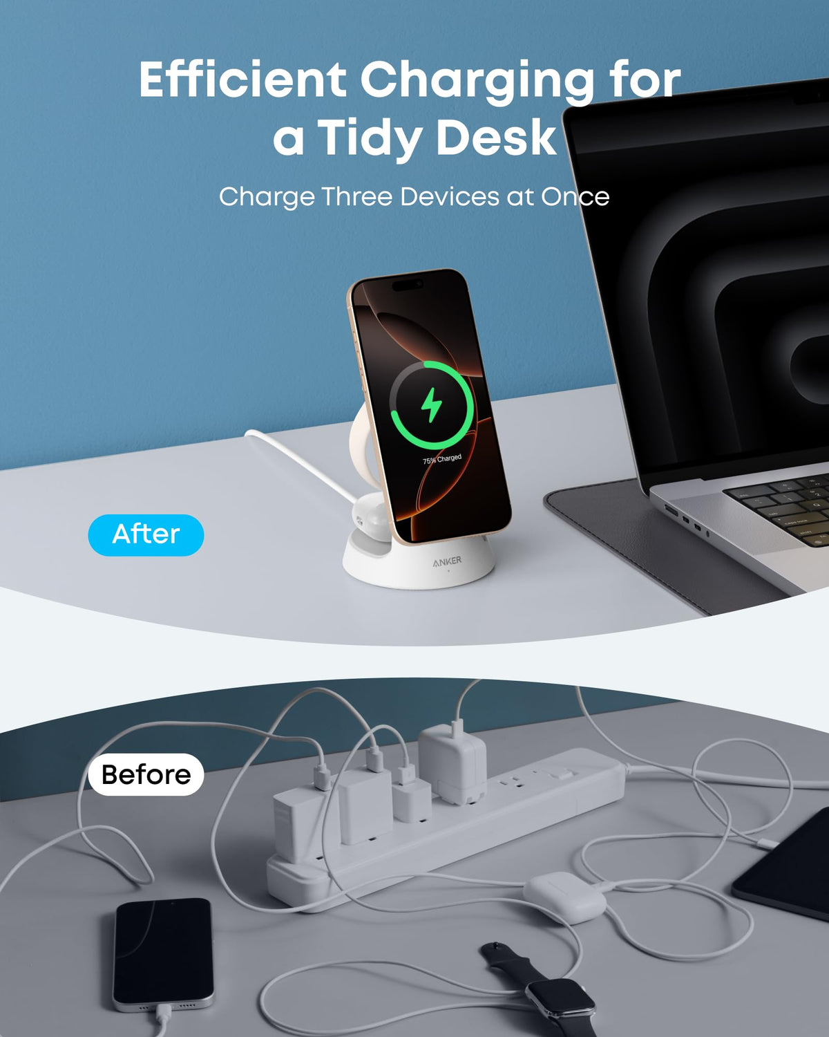 Anker with organized charging for three devices, tidy desk